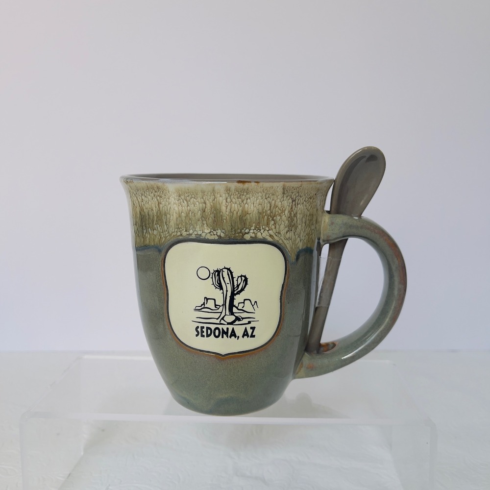 My Cafe Sedona AZ Cactus Mug 12oz Green Reactive Glaze Hand Crafted With Spoon